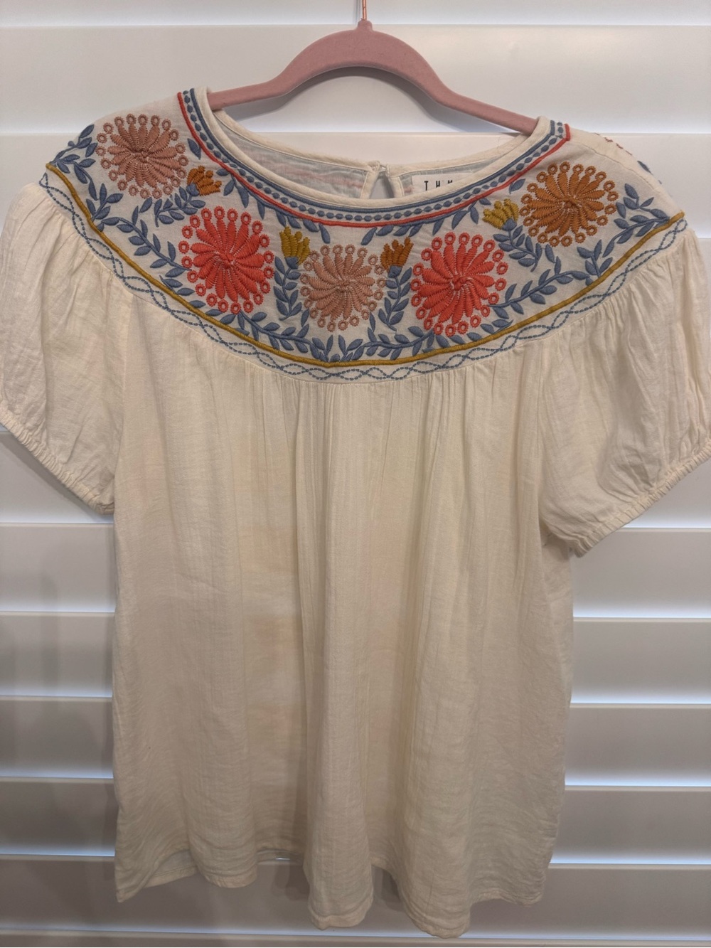 THML Cream Peasant Top with Multicolor Floral Embroidery
